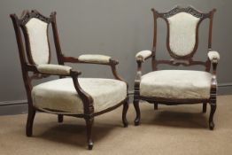 Pair late Victorian mahogany framed drawing room armchairs, shaped and pierced cresting rail,