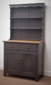 Early 20th century painted oak dresser, projecting cornice, two shelves,