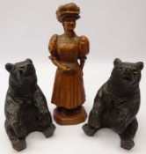 Two Black Forest style carved wood figures of bears and a model of a lady,