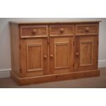 Solid pine dresser base, three drawers above three cupboards, plinth base, W123cm, H81cm,