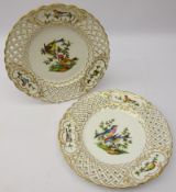 Pair Meissen reticulated cabinet plates hand painted with birds,