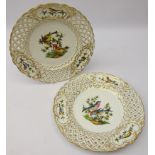 Pair Meissen reticulated cabinet plates hand painted with birds,