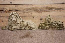 Two composite recumbent lions, L68cm and L46cm Condition Report <a href='//www.