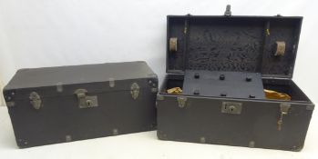 Two vintage painted wooden trunks, the interior with drop down compartment,