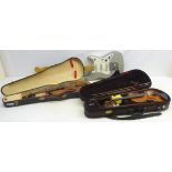 Cased German violin, stamped 'Hopf' to back, L59cm, another smaller cased violin,