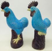 Pair 20th century Chinese porcelain Cockerel models with turquoise and purple glaze,