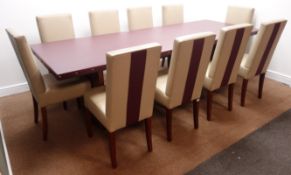 Large rectangular maroon leather top dining table, brass studs,