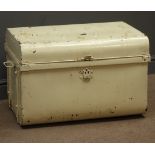 White painted tin trunk, hinged lid, carrying handles, W71cm, H46cm,