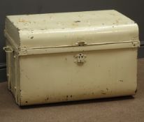 White painted tin trunk, hinged lid, carrying handles, W71cm, H46cm,