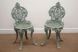 Pair 19th century painted cast iron garden chairs, W40cm,