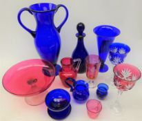 Group of Bristol blue & cranberry glass; Thomas Webb decanter, large two handled vase, comport,