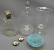19th century and later glass including a clear glass decanter with silver mount, Chester 1911,