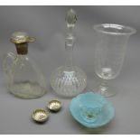 19th century and later glass including a clear glass decanter with silver mount, Chester 1911,