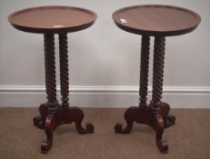 Pair reproduction mahogany circular wine tables,
