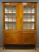 Edwardian inlaid mahogany bow fronted display cabinet, projecting cornice,