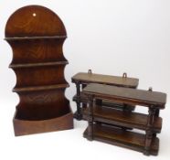 19th century oak spoon rack, H66cm and a pair of oak, three tier, wall mounted shelves,