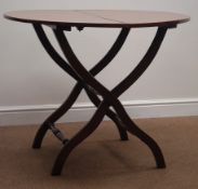 Late 19th century circular mahogany coaching table, shaped supports, turned stretchers,