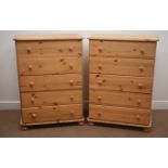 Pair solid pine chests, five drawers, bun feet, W75cm, H105cm,