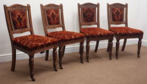 Edwardian set four walnut dining chairs, shell and scroll carved cresting rail,