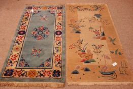Chinese style beige ground rug depicting rural scenes (181cm x 93cm) and a Chinese style blue