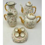 Victorian Brownhills Majolica teapot, coffee pot, two graduating jugs and egg cruet,