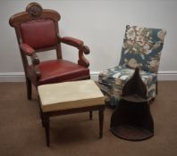 Victorian oak armchair with carved crest, upholstered back arms and seat, turned supports,
