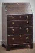 George III style narrow oak fall front bureau, four graduating drawers, bracket feet, W64cm, H103cm,