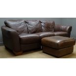 Three seat brown leather sofa with footstool,