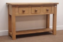 Solid pine dresser, three drawers, square supports joined by an undertier, W117cm, H80cm,