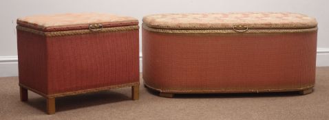 Two vintage ottomans, pink and gold floral upholstered hinged top, (W92cm, H39cm, D40cm and W50cm,