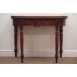 Victorian mahogany fold over tea table, turned supports, 180cm x 90cm,