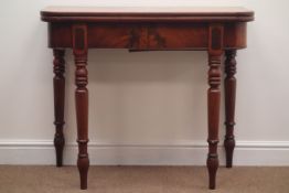 Victorian mahogany fold over tea table, turned supports, 180cm x 90cm,