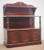 Victorian mahogany three tier buffet sideboard, raised shaped back with carved shield,