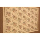 Old Kashmiri hand stitched wool chain beige ground rug, floral field, repeating border,