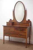 Edwardian inlaid mahogany dressing table, raised bevel edge oval mirror back, two trinket,