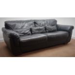 Large three seat sofa upholstered in Italian black leather, W230cm,