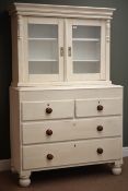 Victorian white painted pine cabinet on chest, raised display cabinet enclosed by two glazed doors,