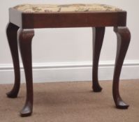 Queen Anne style oak rectangular stool with drop in upholstered seat,