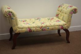 Late 20th century double scroll window seat, upholstered with a deeply buttoned floral fabric,