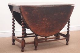Early 19th century oak oval drop leaf table, barley twist gate action supports, 150cm x 105cm,