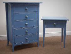 Blue painted pedestal chest, five drawers tapering supports (W65cm, H92cm,