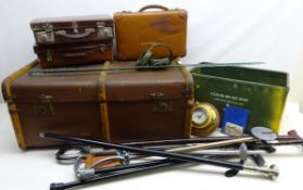 Smith Porthole Clock, vintage suitcases, large travel trunk,