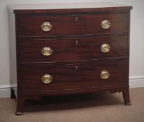 Early 19th century ebony inlaid mahogany chest, three drawers, brass plate handles,