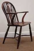 19th century yew wood and elm Windsor armchair, stick and wheel splat back,