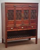 20th century Chinese lacquered cabinet enclosed by four doors, three drawers and undertier below,