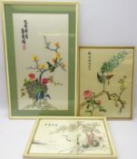 Three Oriental embroidered silk framed pictures,