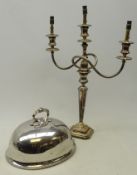 Victorian James Dixon & Sons silver-plated three branch candelabra, converted to a table lamp,