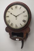 Early 19th century mahogany cased drop dial wall clock, 12'' white Roman dial,