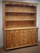 Waxed solid pine dresser projecting cornice, two tier plate rack,