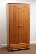 Solid pine wardrobe, two doors above drawer, bun feet, W86cm, H178cm,